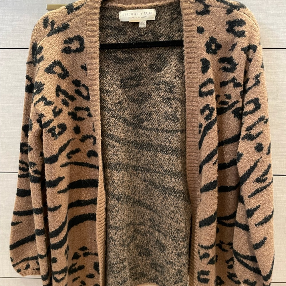 Cardigan by Saltwater LUXE. Mixed animal print. Medium style fit.